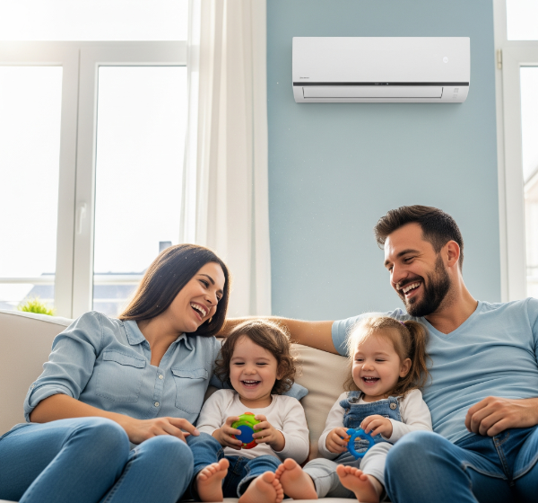 Egy fiatal család boldogan nevetgél a kanapén a tiszta nappaliban, hála a friss levegőnek, amely a falban lévő, jól kitisztított légkondicionáló egységből érkezik.