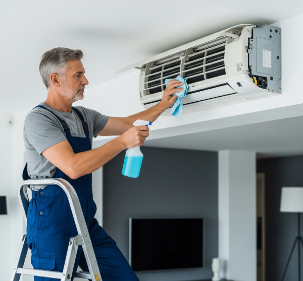 Egy tapasztalt klímatechnikus egy modern nappaliban létráról tisztít és fertőtlenít egy beltéri egységet.